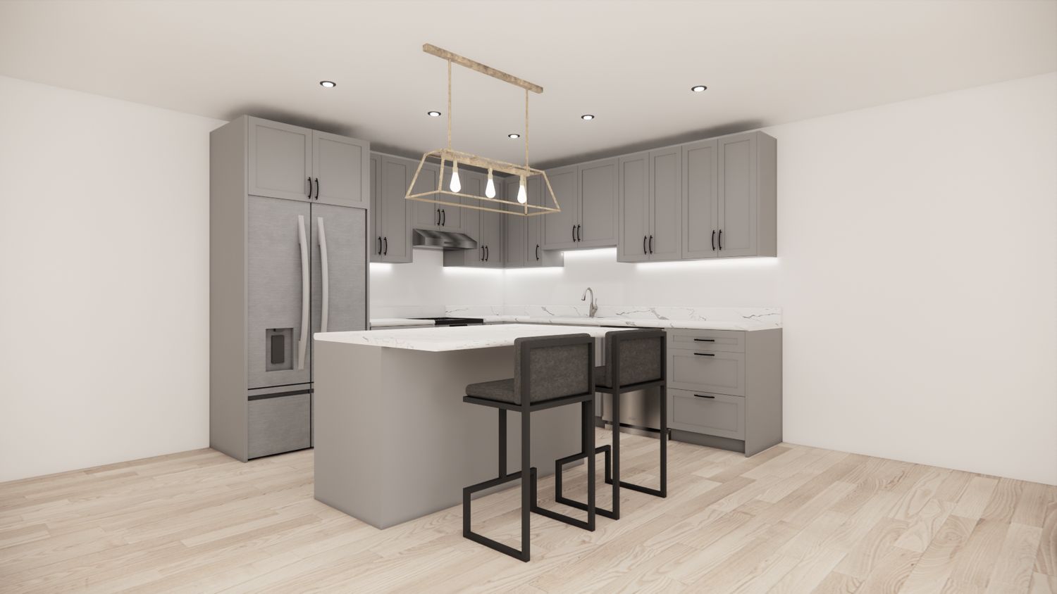 L-Shaped Kitchen with Island – Light Grey Shaker Panel