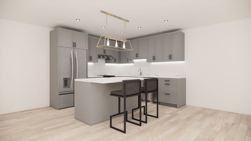 L-Shaped Kitchen with Island – Light Grey Shaker Panel