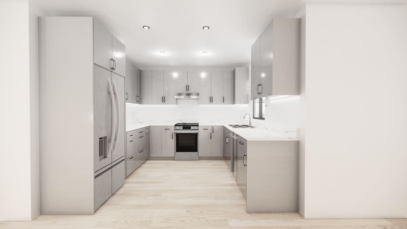 U-Shaped Kitchen with Island – High Gloss Cool Grey Flat Panel