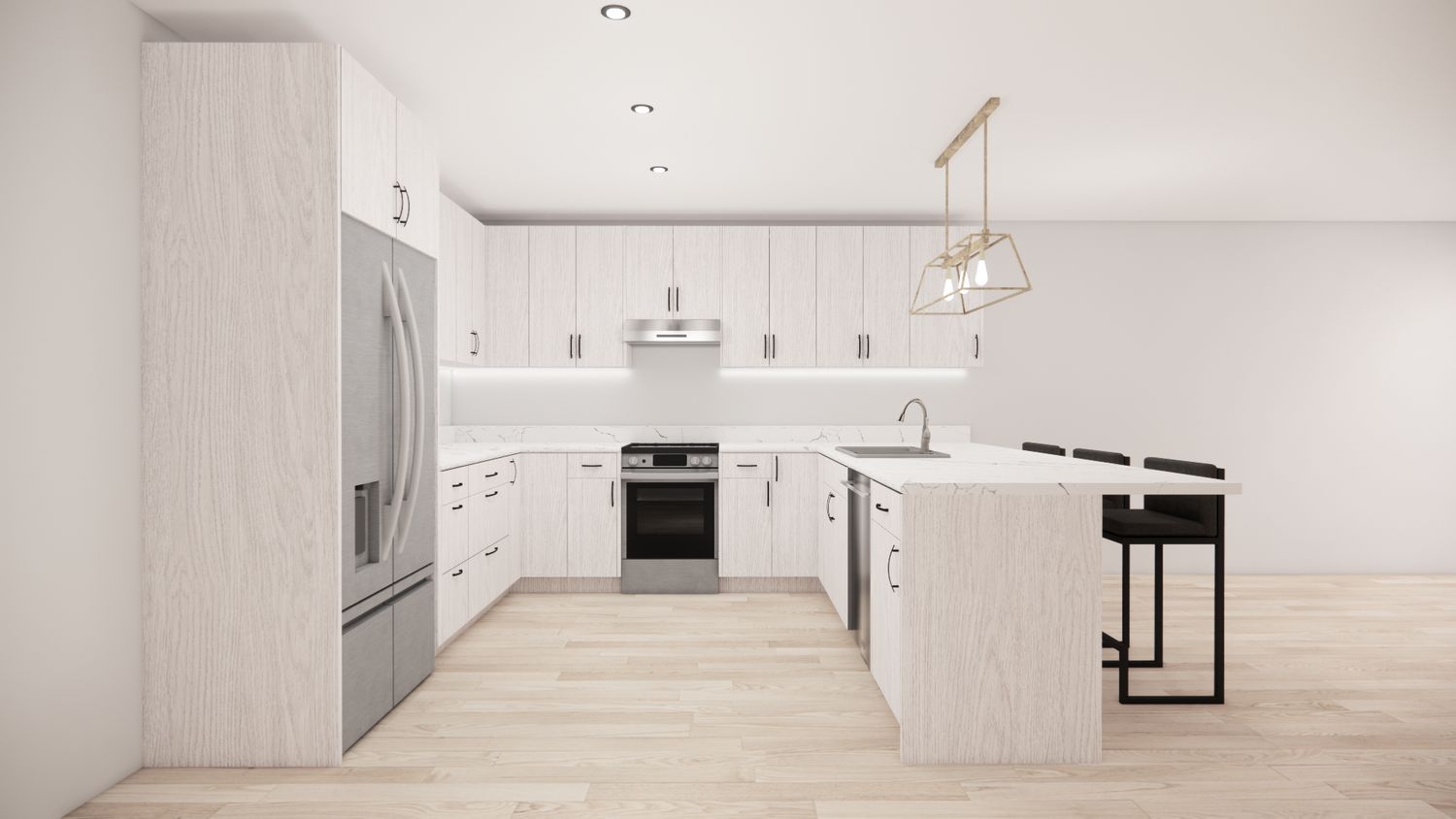 U-Shaped Kitchen with Island – Wood Oak Flat Panel