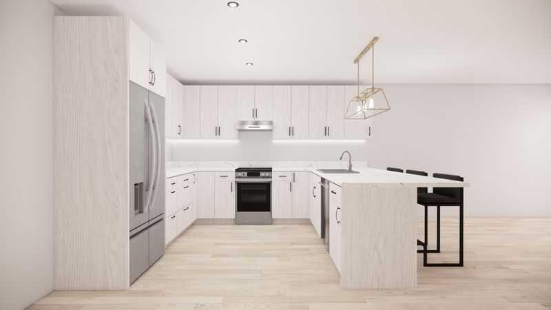 U-Shaped Kitchen with Island – Wood Oak Flat Panel