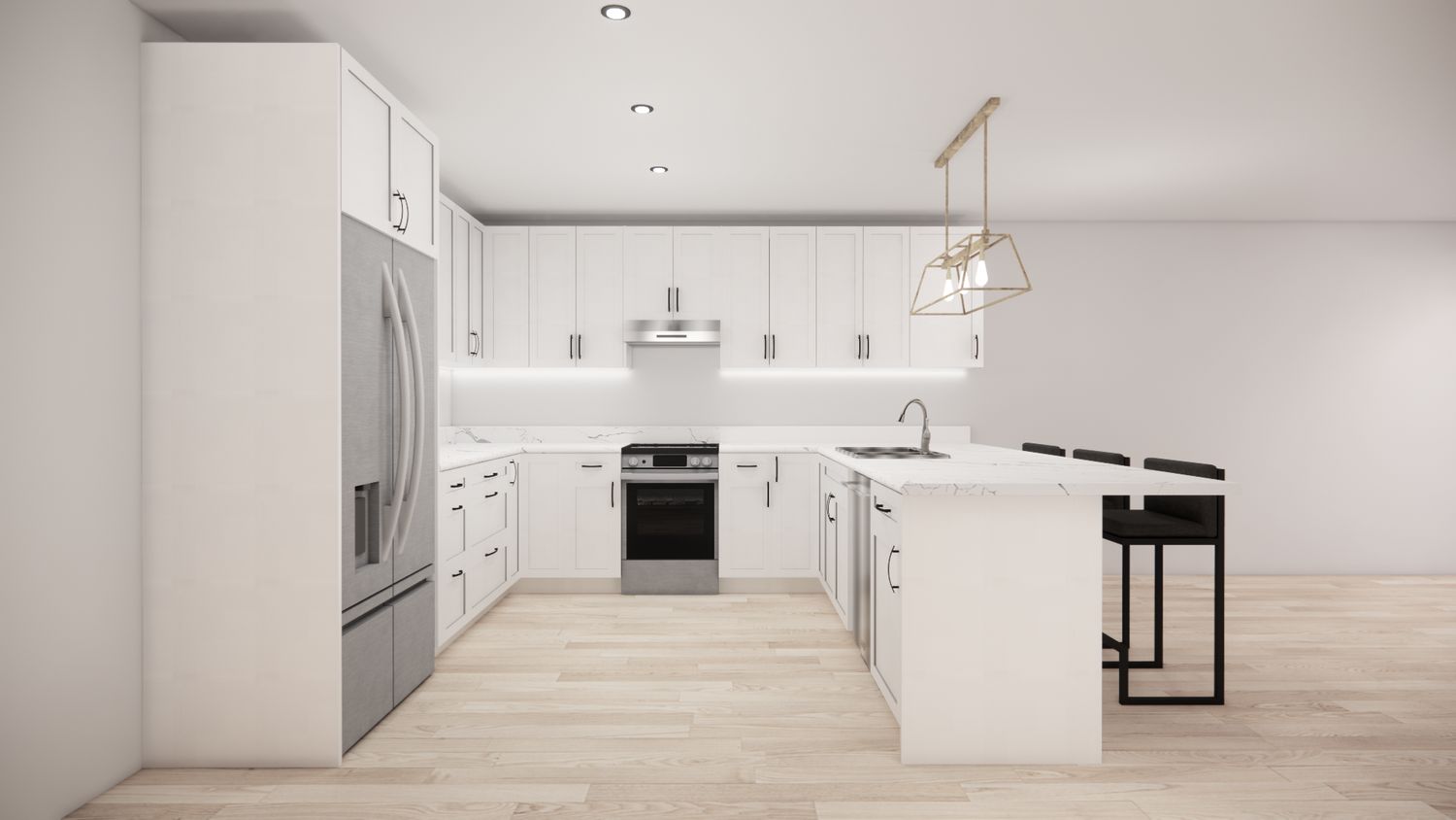 U-Shaped Kitchen with Island – White Shaker Panel