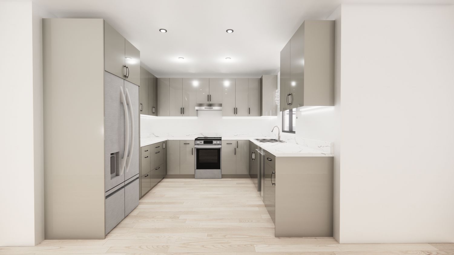 U-Shaped Kitchen with Island – Light Grey Shaker Panel