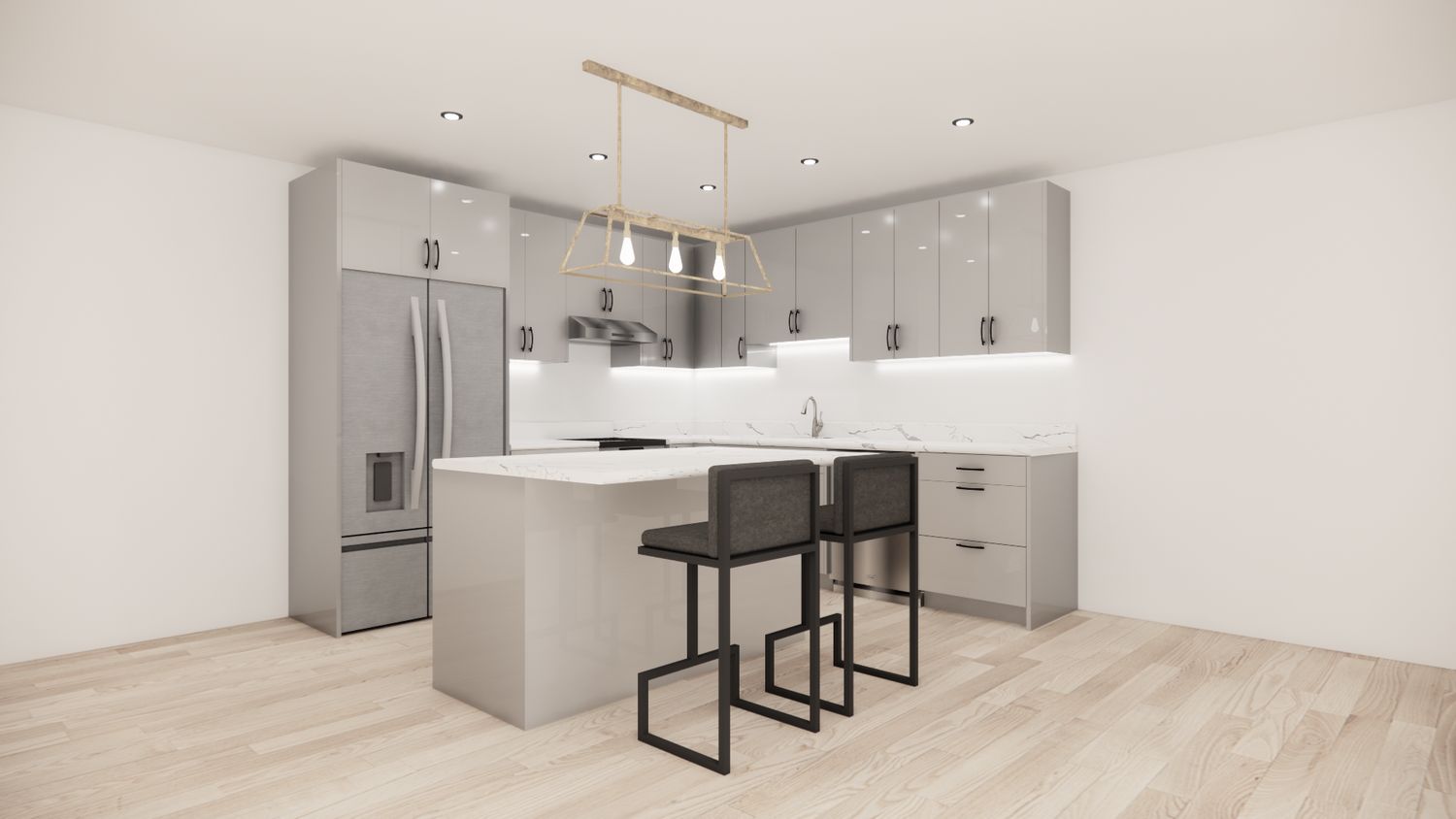 L-Shaped Kitchen with Island – High Gloss Cool Grey Flat Panel