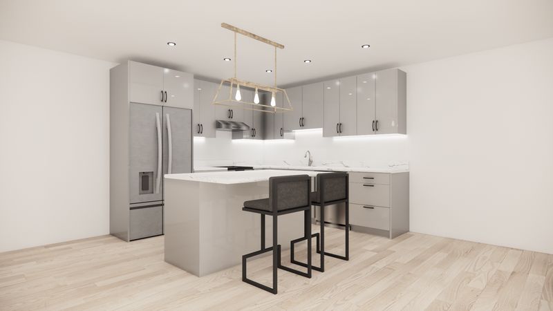 L-Shaped Kitchen with Island – High Gloss Cool Grey Flat Panel