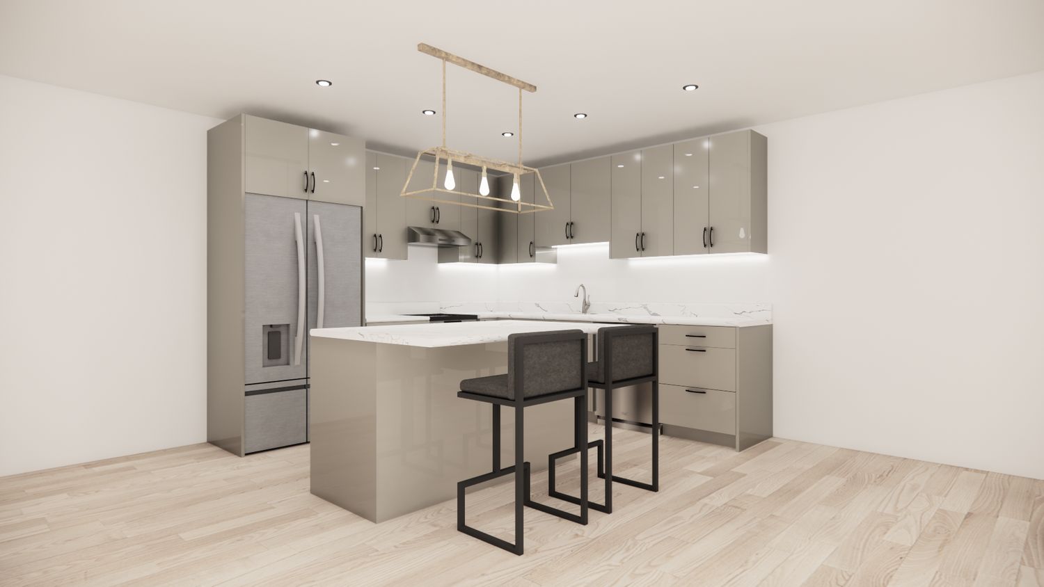 L-Shaped Kitchen with Island – High Gloss Light Grey Flat Panel