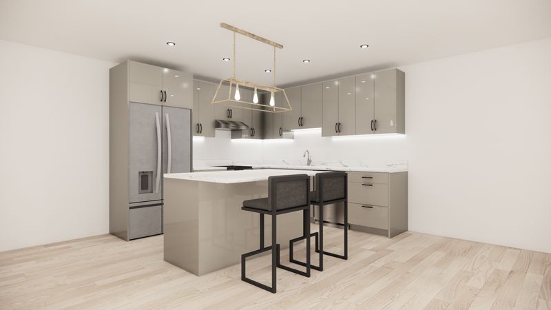 L-Shaped Kitchen with Island – High Gloss Light Grey Flat Panel