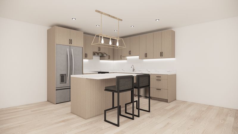 L-Shaped Kitchen with Island – Natural Wood Flat Panel