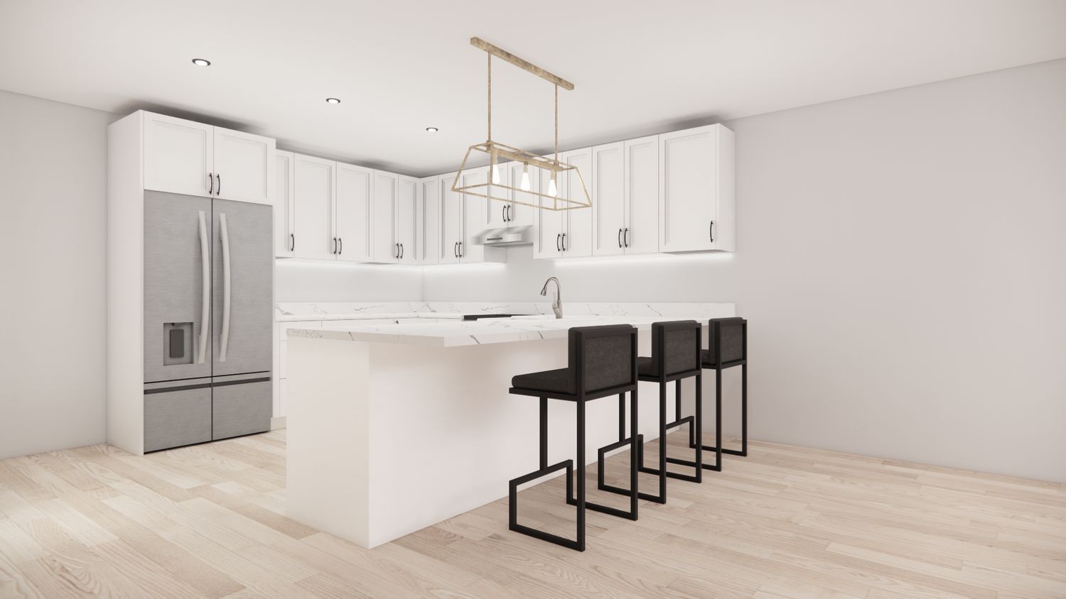 L-Shaped Kitchen with Island – Wood Oak Flat Panel
