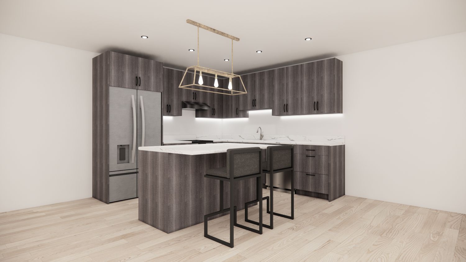 L-Shaped Kitchen with Island – Wood Grey Flat Panel