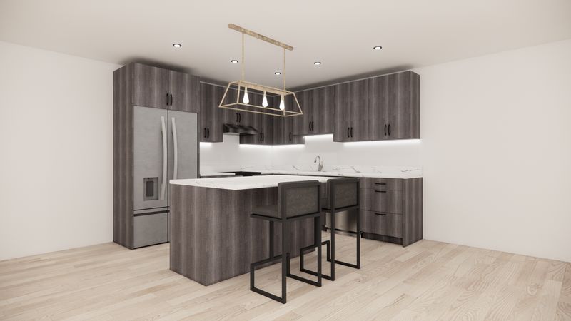 L-Shaped Kitchen with Island – Wood Grey Flat Panel