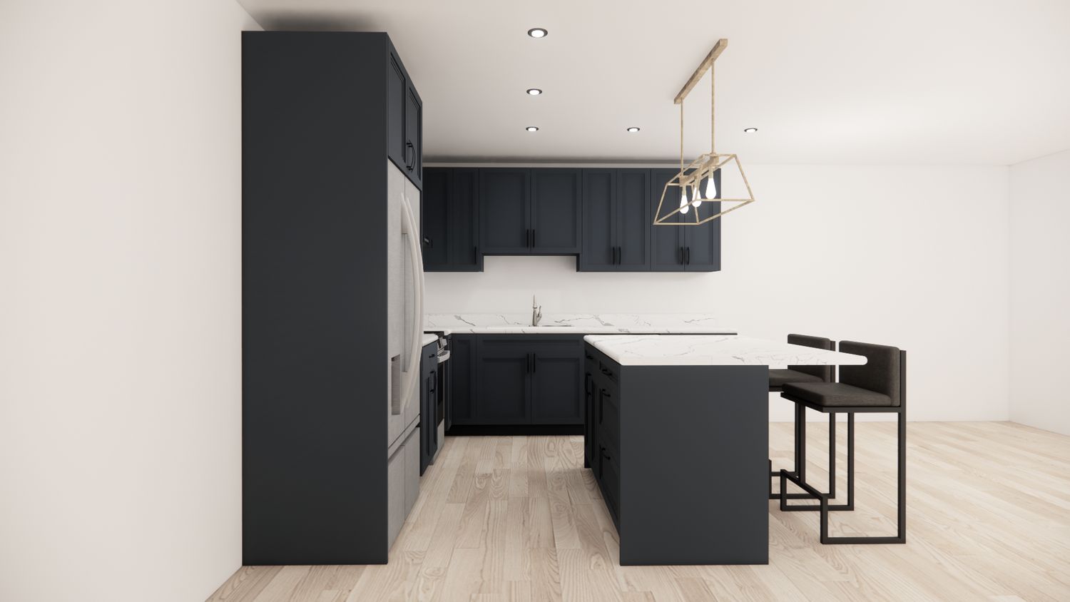 L-Shaped Kitchen with Island – Double Shaker Blue Panel