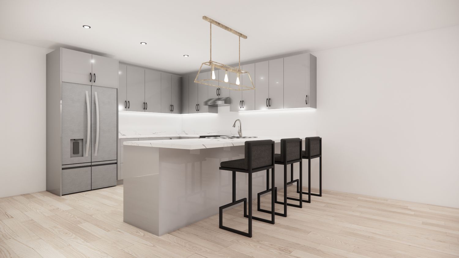 U-Shaped Kitchen with Island – Elephant Gloss Flat Panel