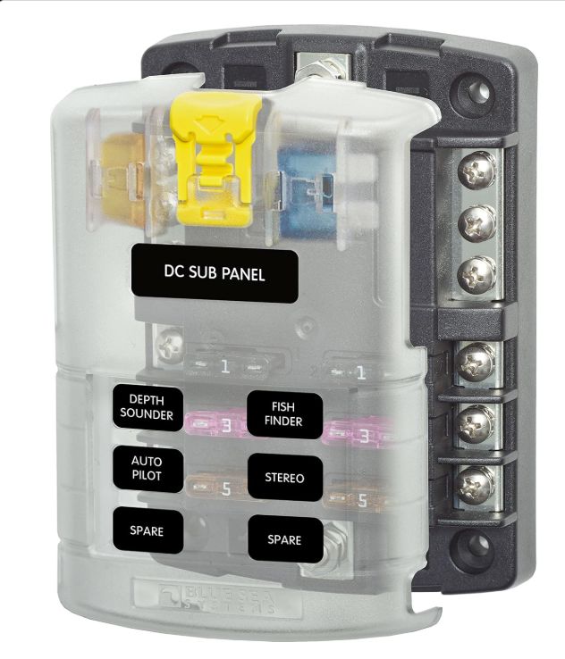 ST BLADE FUSE BLOCK 6 WAY CIRCUITS W/ NEG. BUS AND COVER 100AMP BLUE SEA SYSTEMS 5052
