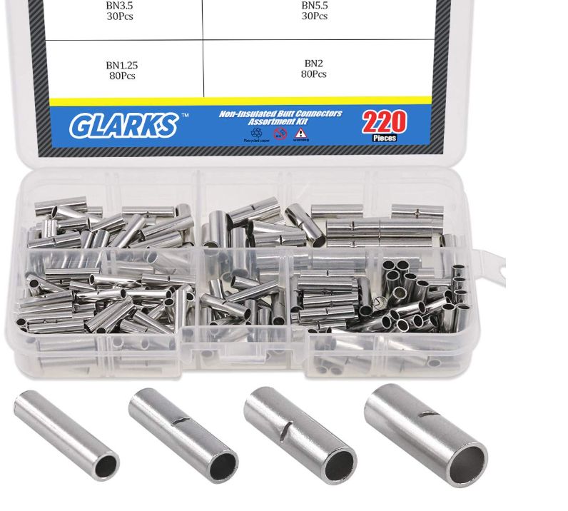 Glarks 220 Pcs Non-Insulated Butt Connectors Assortment Kit