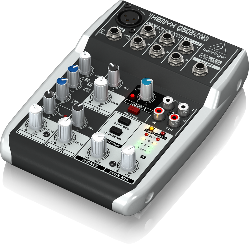 Behringer Q502USB аналоговый микшер, 5 каналов, 1 мик. + 2 лин. стерео, USB-audio, Main L/R- Jack, 1 компрессор