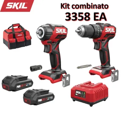 Kit combinato trapano a percussione ed avvitatore a massa battente a batteria compact brushless skill