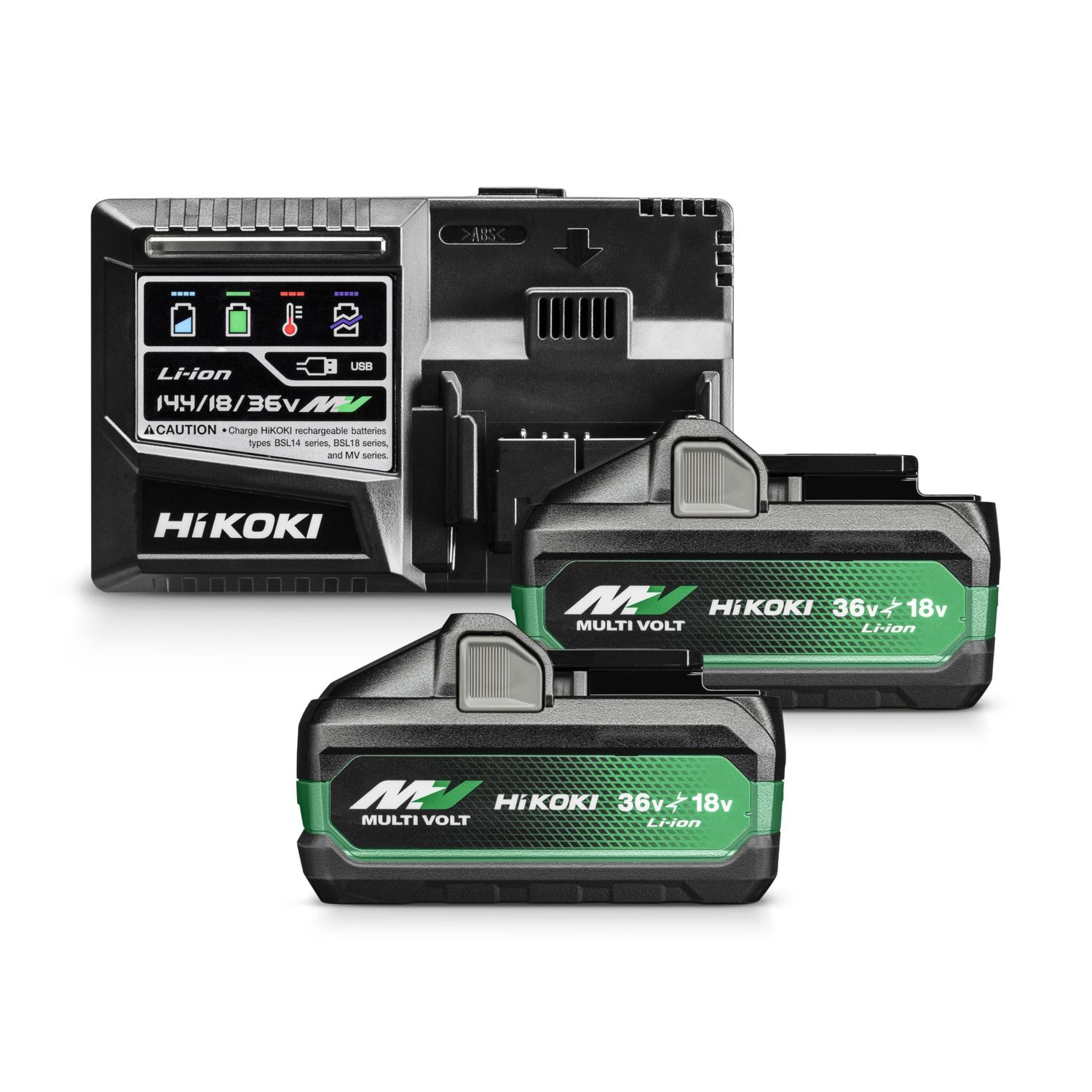 HiKOKI Booster Pack BSL36A18X (2 batterie da 18 V 5,0 Ah / 36 V 2,5 Ah, caricabatterie, Li-Ion, controllo del livello di carica a LED a 4 stadi, tempo di ricarica di 32 min)