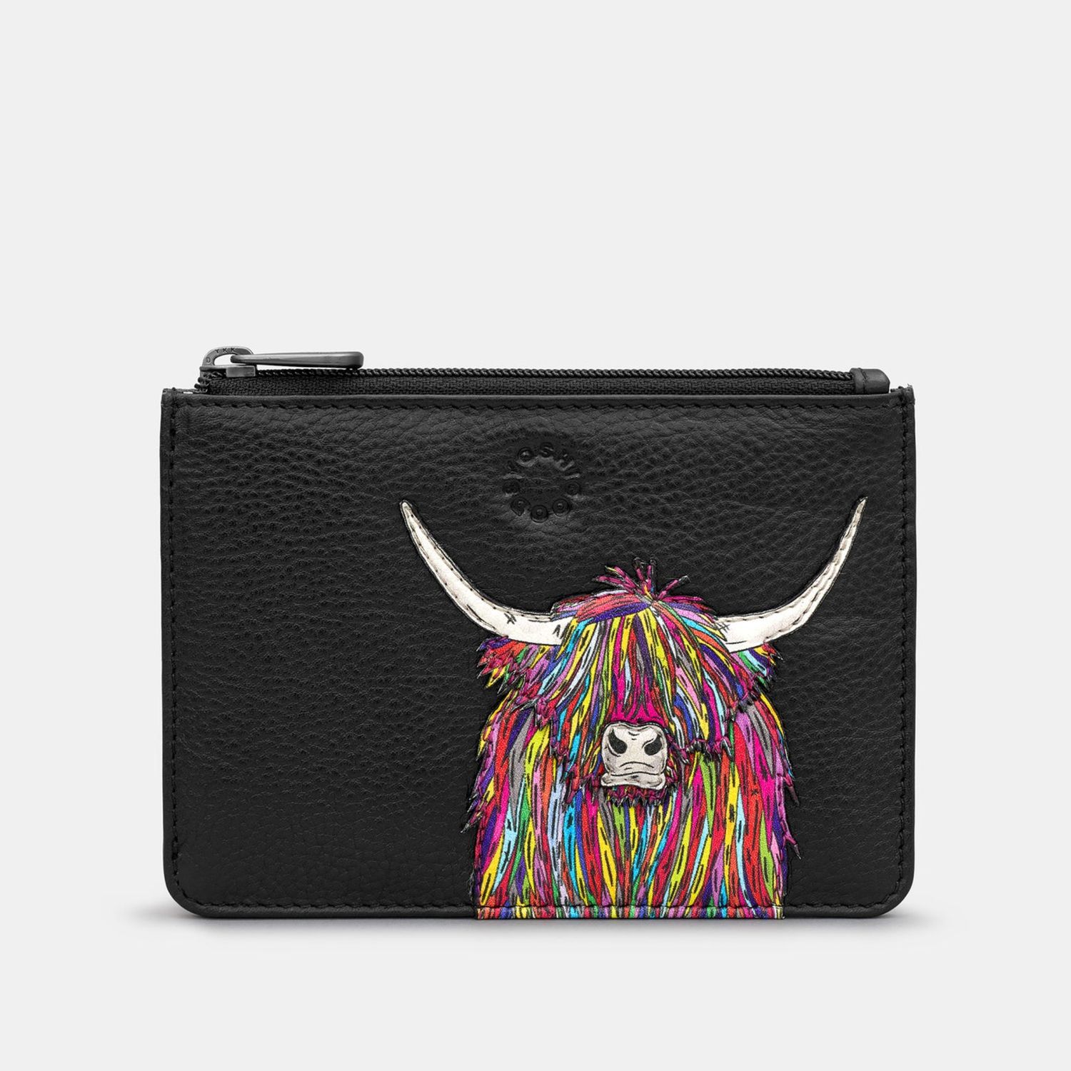 Highland Cow Black Leather Zip Top Purse