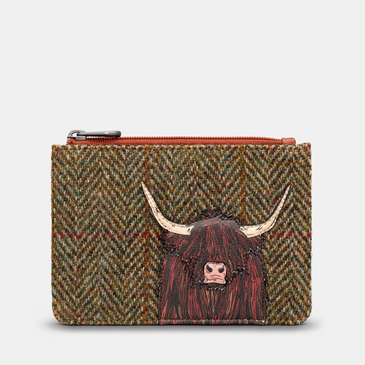 Highland Cow Harris Tweed &amp; Brown Leather Zip Top Purse