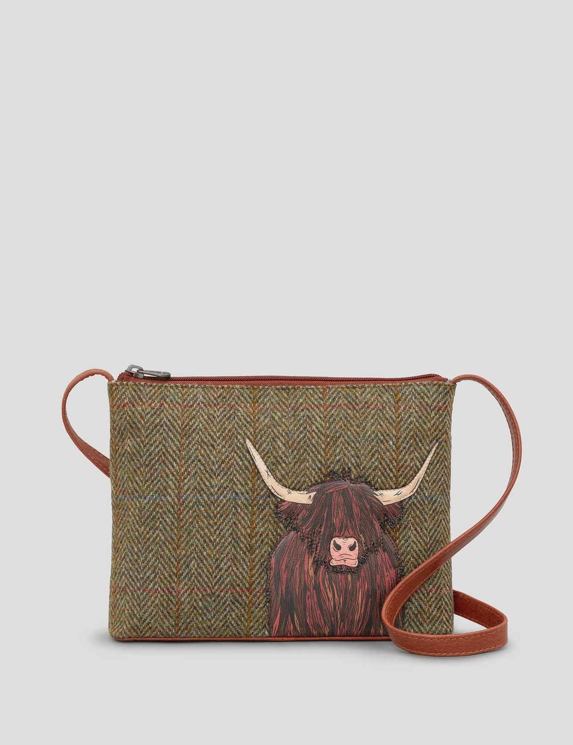 Highland Cow Harris Tweed &amp; Brown Leather Cross Body Bag