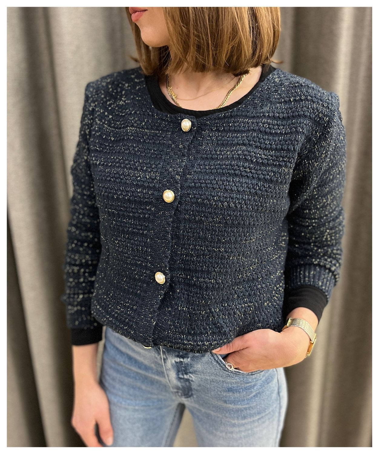 Button Front Round Neck Lurex Cardigan