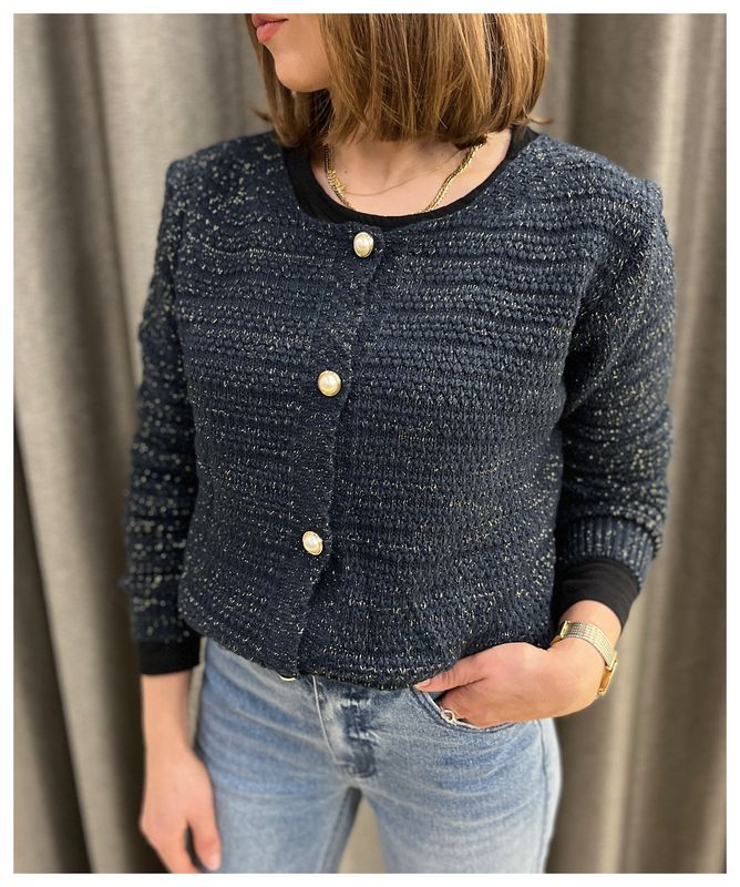 Button Front Round Neck Lurex Cardigan