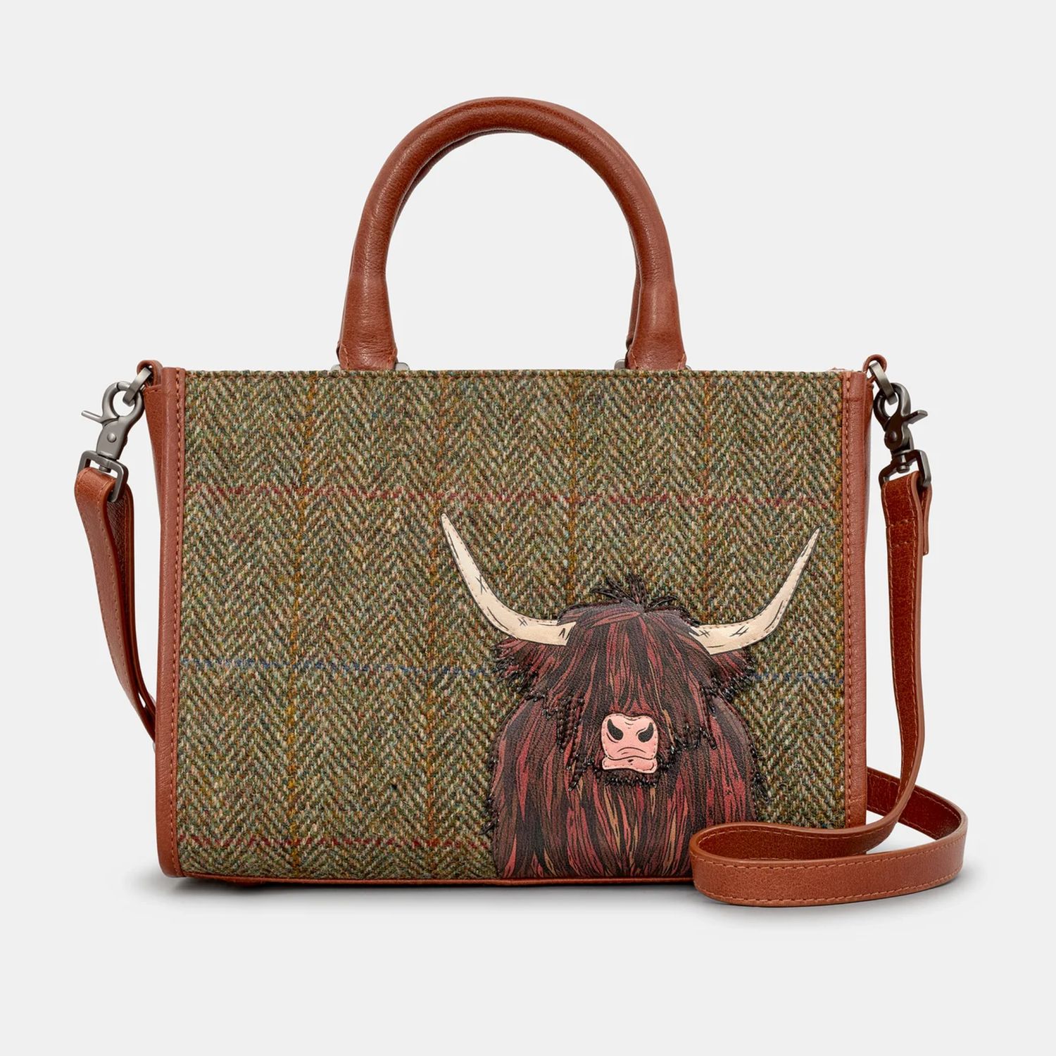 Highland Cow Harris Tweed &amp; Brown Leather Grab Bag