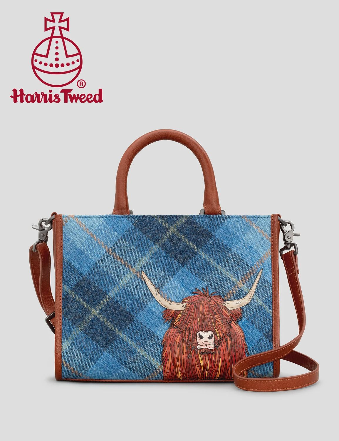 Highland Cow Harris Blue Tweed &amp; Leather Grab Bag