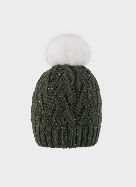 Women's Lace Knit Bobble Hat with Faux Fur Pom Pom