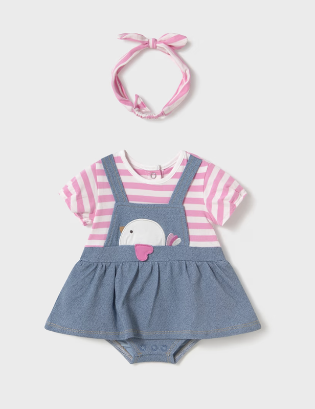 Newborn Girl Faux Dungarees Romper Set with Headband 1658 - Bubblegum