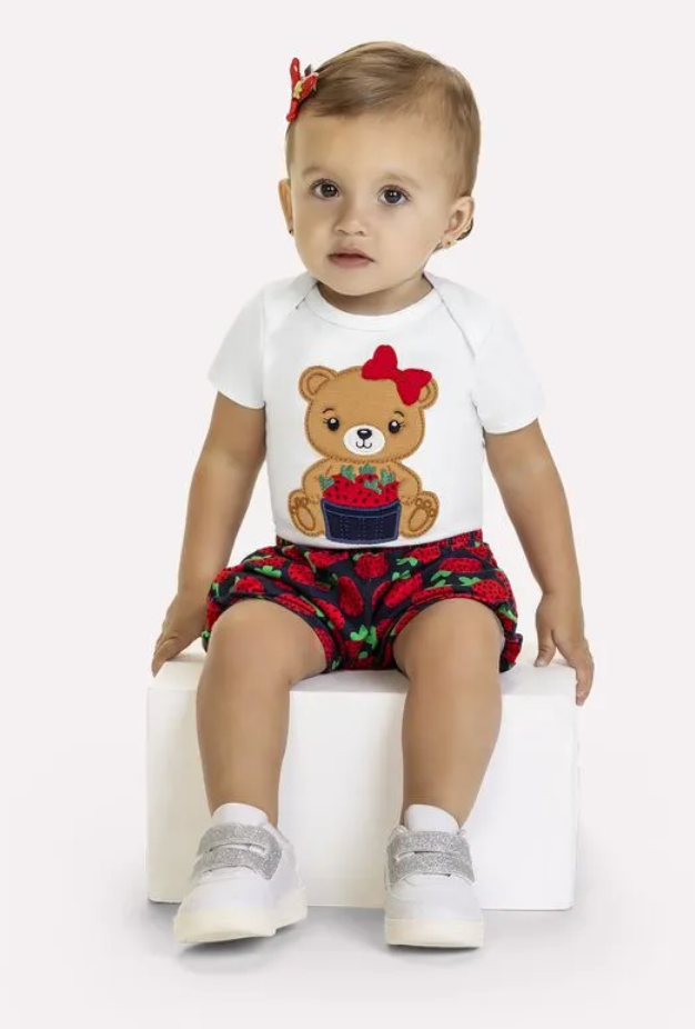 Applique Teddy Berries Bodysuit &amp; Shorts 1000633 - White