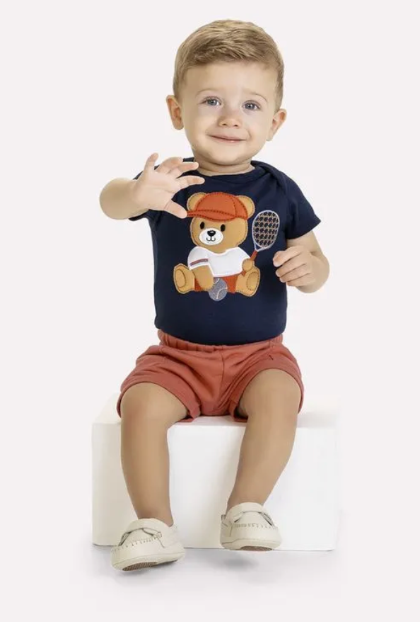 Teddy Tennis Applique Bodysuit &amp; Shorts Set 1000640 - Navy/Rust