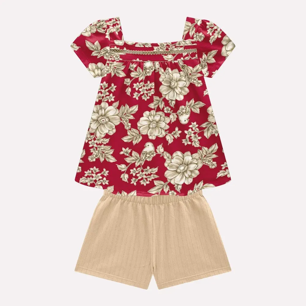 Floral Tee Top &amp; Shorts Set 2000537 - Red/Taupe