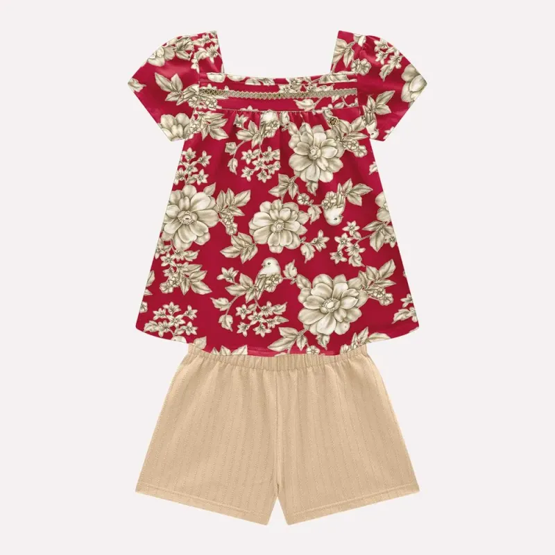 Floral Tee Top &amp; Shorts Set 2000537 - Red/Taupe