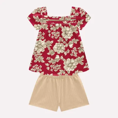Floral Tee Top &amp; Shorts Set 2000537 - Red/Taupe