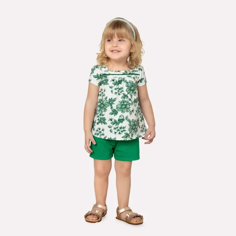 Floral Tee Top &amp; Shorts Set 2000537 - Offwhite/Green