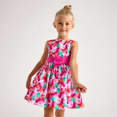 Girls Print Dress with Bow 3917 - Magenta