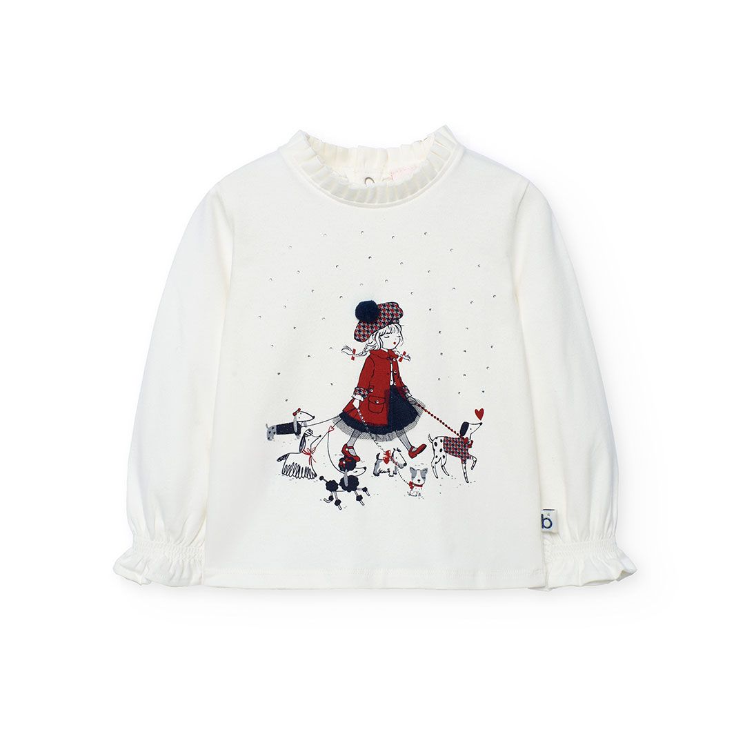 Girl&#39;s Ruffle Neck Dogs Top in Offwhite - 702223