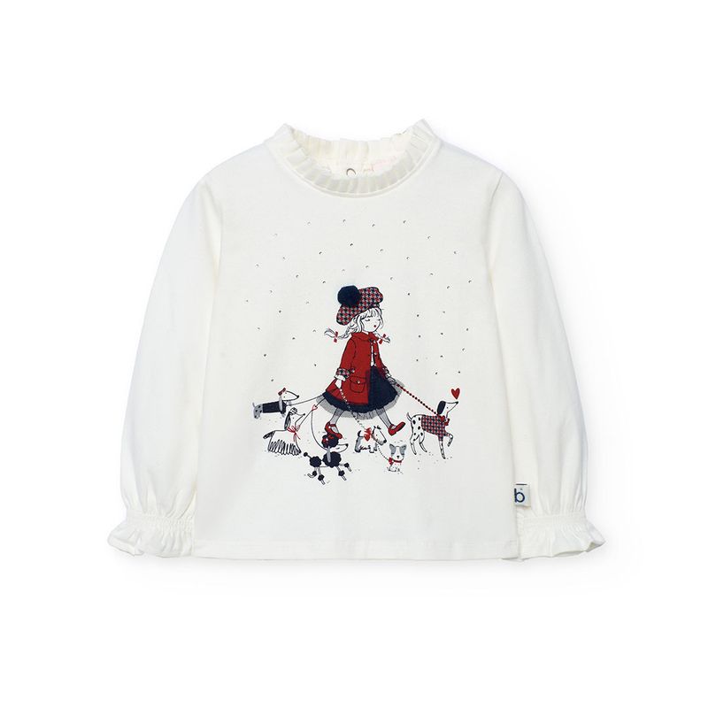 Girl&#39;s Ruffle Neck Dogs Top in Offwhite - 702223