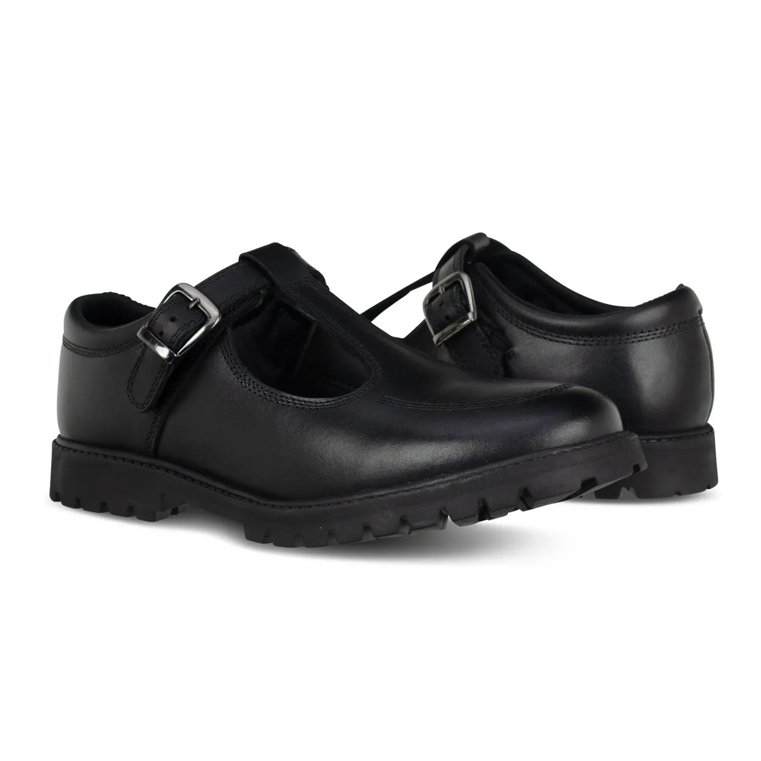 Emily Black Leather Buckle T-Bar - Senior