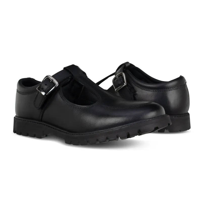 Emily Black Leather Buckle T-Bar - Senior