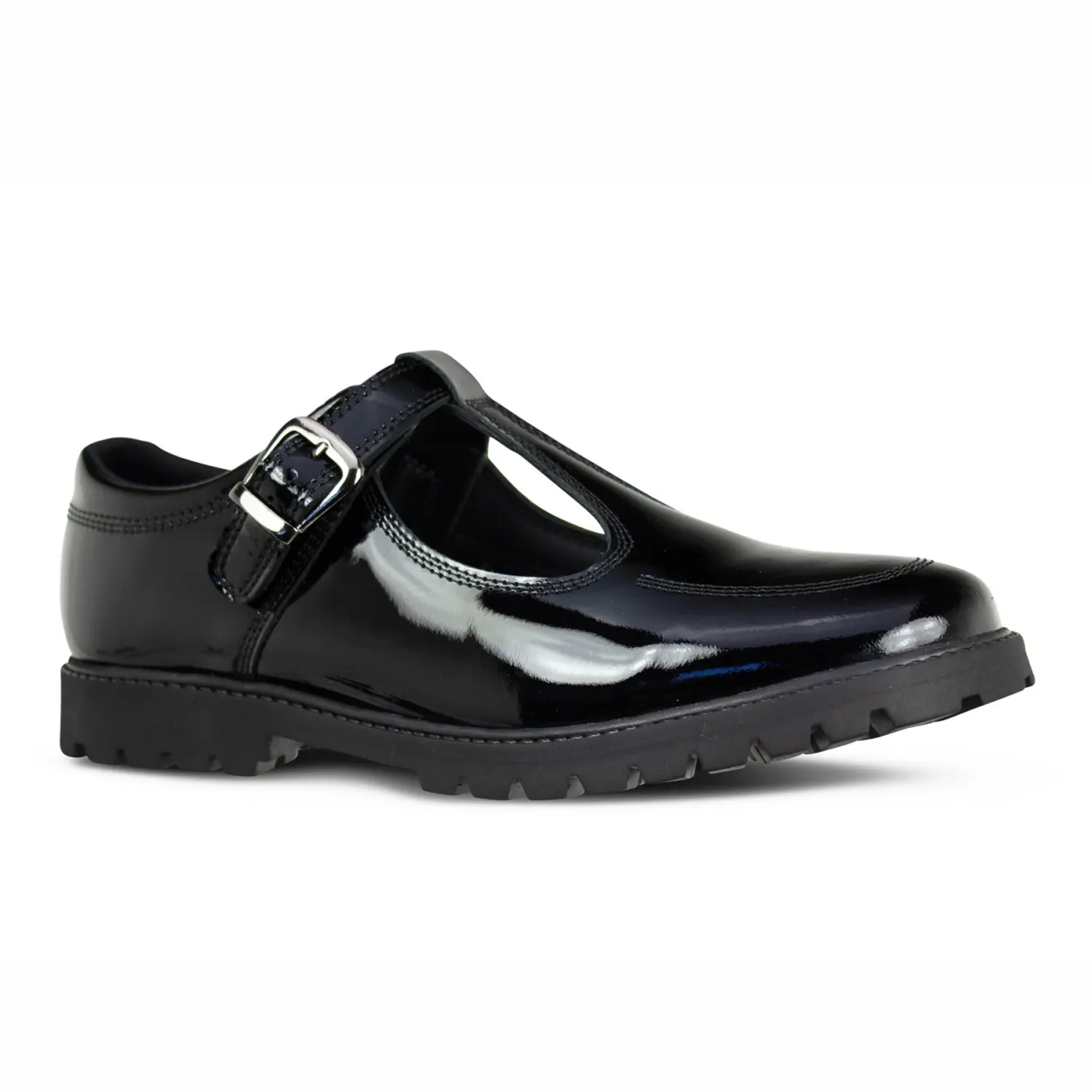 Emily Black Patent Buckle T-Bar Shoes - Senior