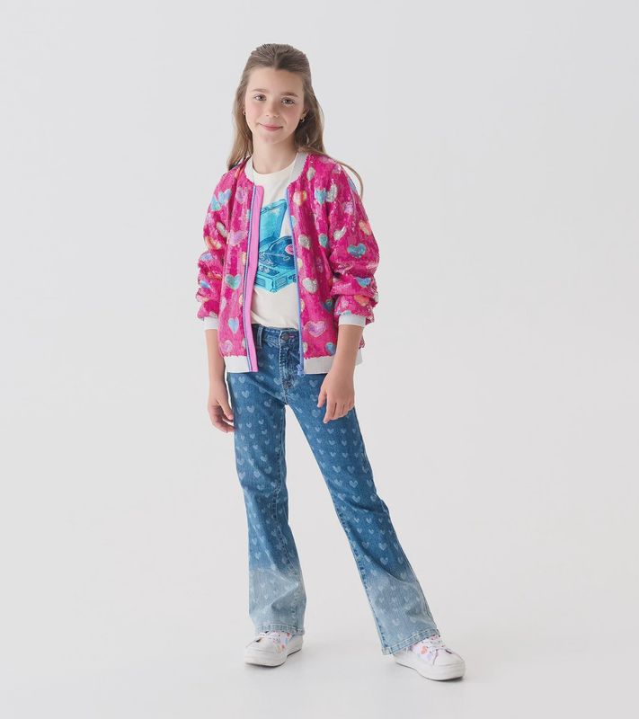 Girl&#39;s Pink Busted Hearts Sequin Bomber Jacket