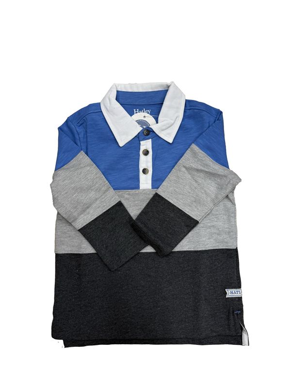 Blue and Grey Colour Block Panelled Rugby Polo