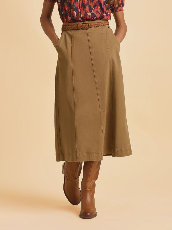 Joni Skirt Beige - midi length and elasticated back create a flattering silhouette while the straight, sharp lines