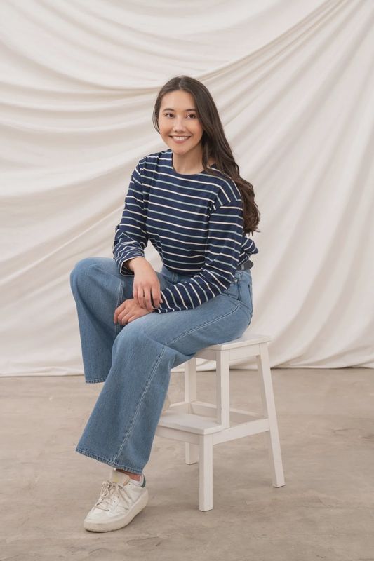 Causeway Long Sleeve Breton Top - Navy Cream Sage Stripe