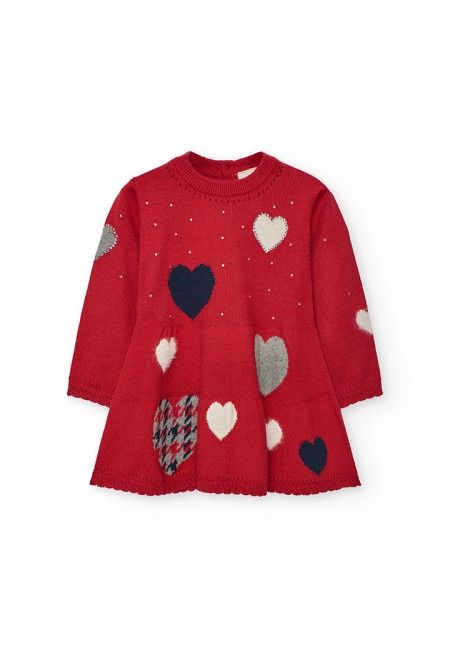 Girls Red Knitted Dress with Hearts - 702256