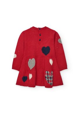 Girls Red Knitted Dress with Hearts - 702256