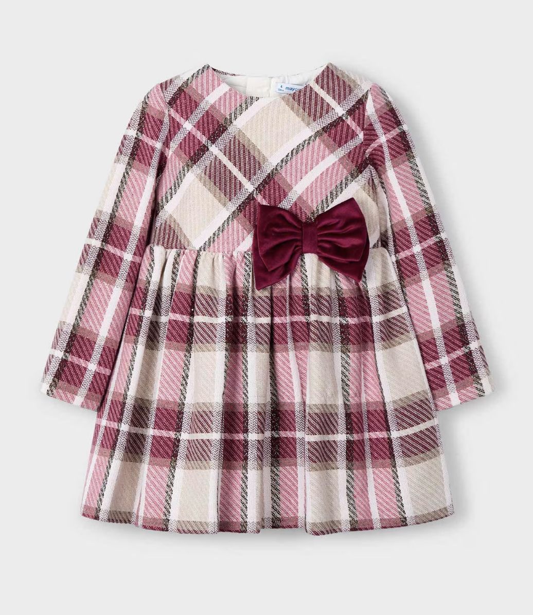 Girls Cherry Check Dress with Velvet Bow 4924